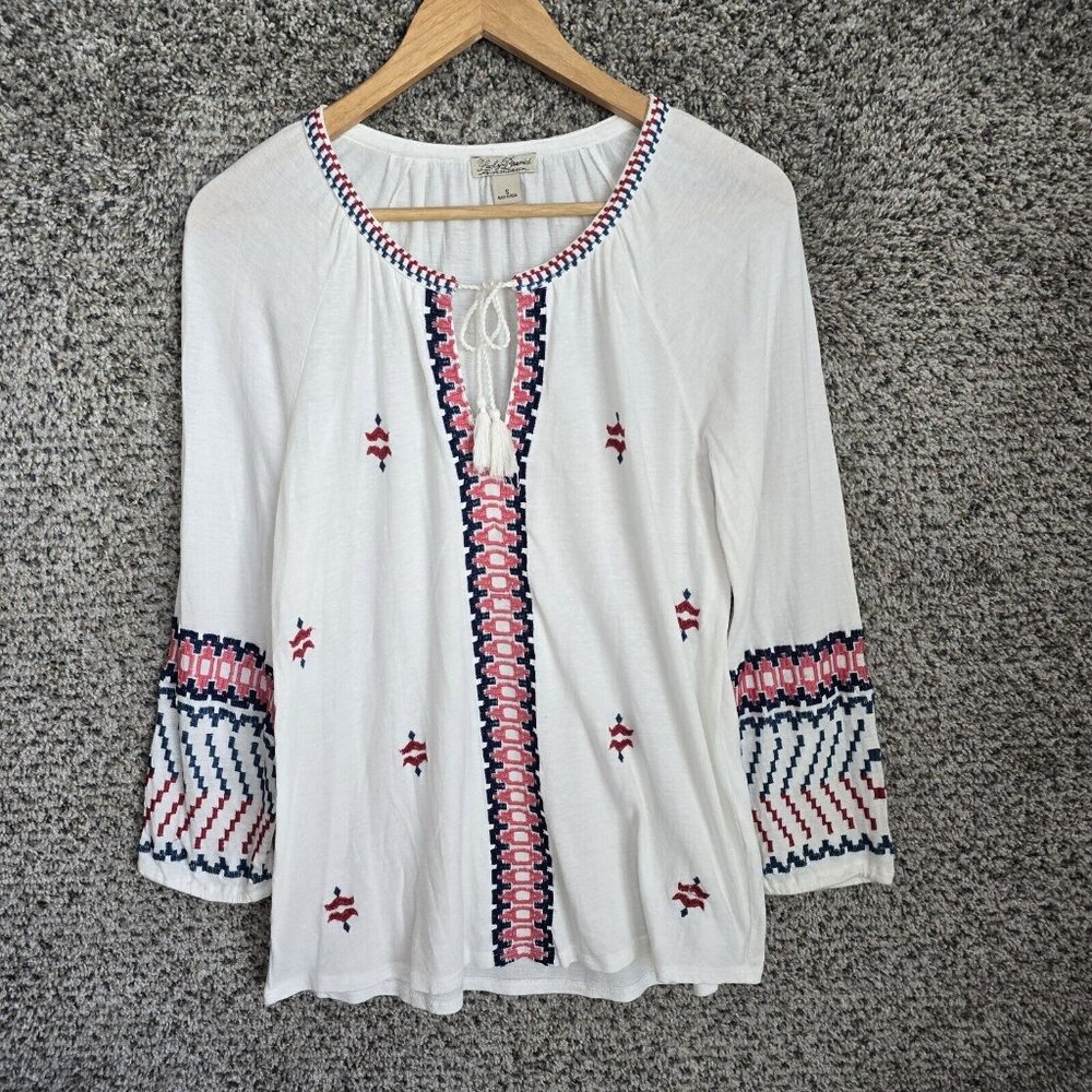 Lucky Brand Top Womens Small White Embroidered Boho Neck Tie Tee‎ Casual Ladies
